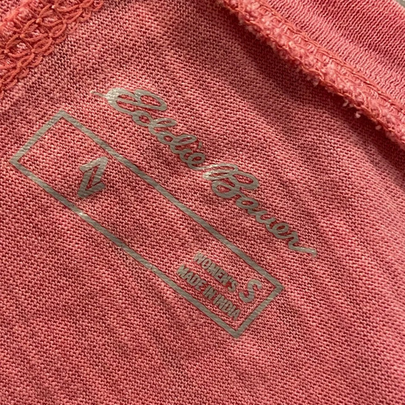 Eddie Bauer Cap Sleeve Embroidered Seam V Neck Pink Burnout Tee Size S - Picture 10 of 10